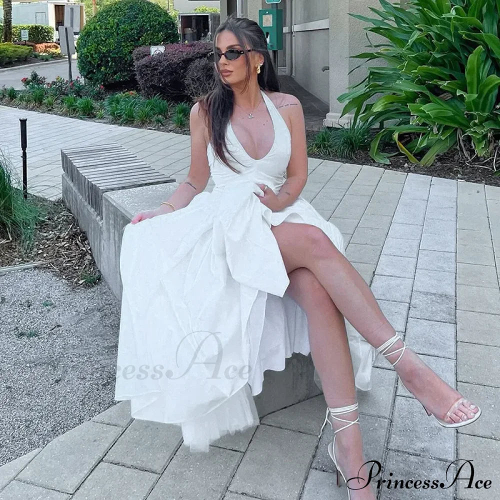 Open Back Halter Deep Graceful V-neck White Ankle Length Dress image 15
