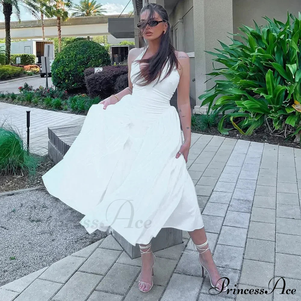 Open Back Halter Deep Graceful V-neck White Ankle Length Dress image 14