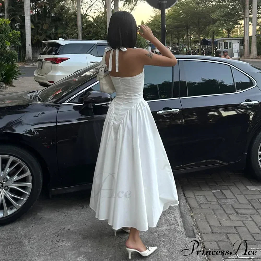 Open Back Halter Deep Graceful V-neck White Ankle Length Dress image 2