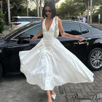 Open Back Halter Deep Graceful V-neck White Ankle Length Dress image 1