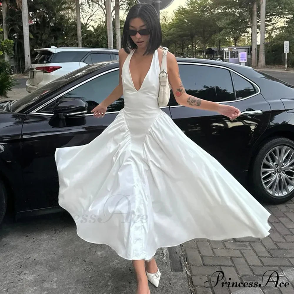 Open Back Halter Deep Graceful V-neck White Ankle Length Dress image 1