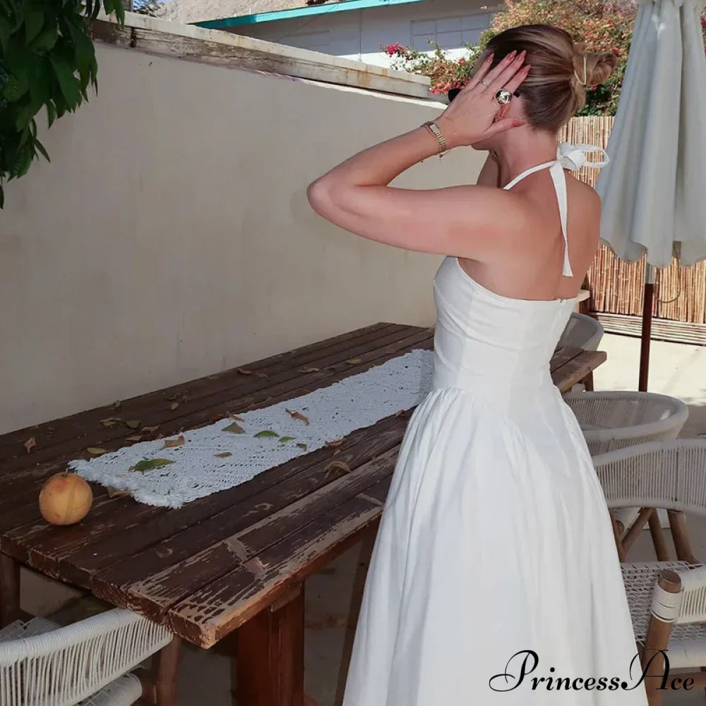Open Back Halter Deep Graceful V-neck White Ankle Length Dress image 4