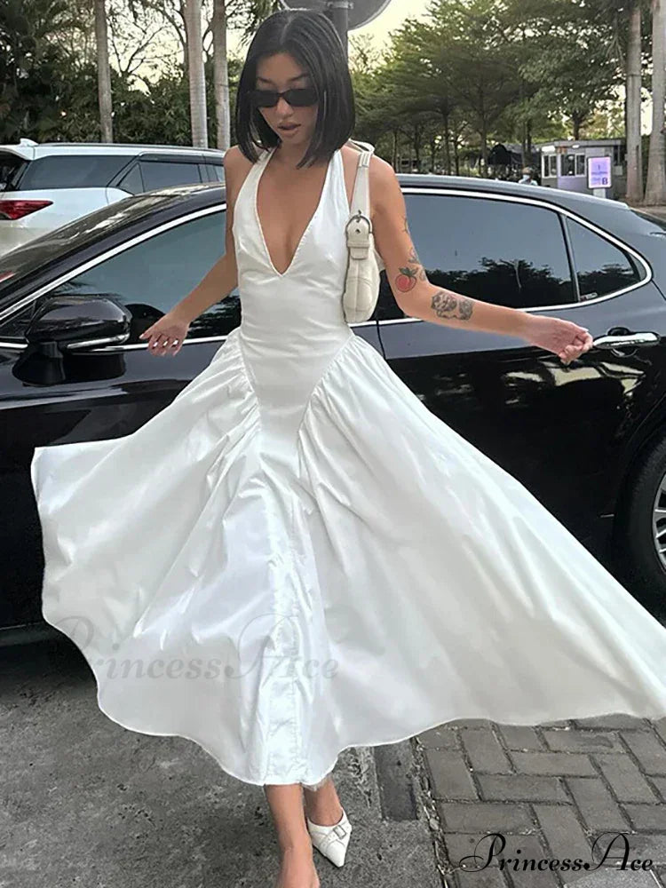 Open Back Halter Deep Graceful V-neck White Ankle Length Dress image 25