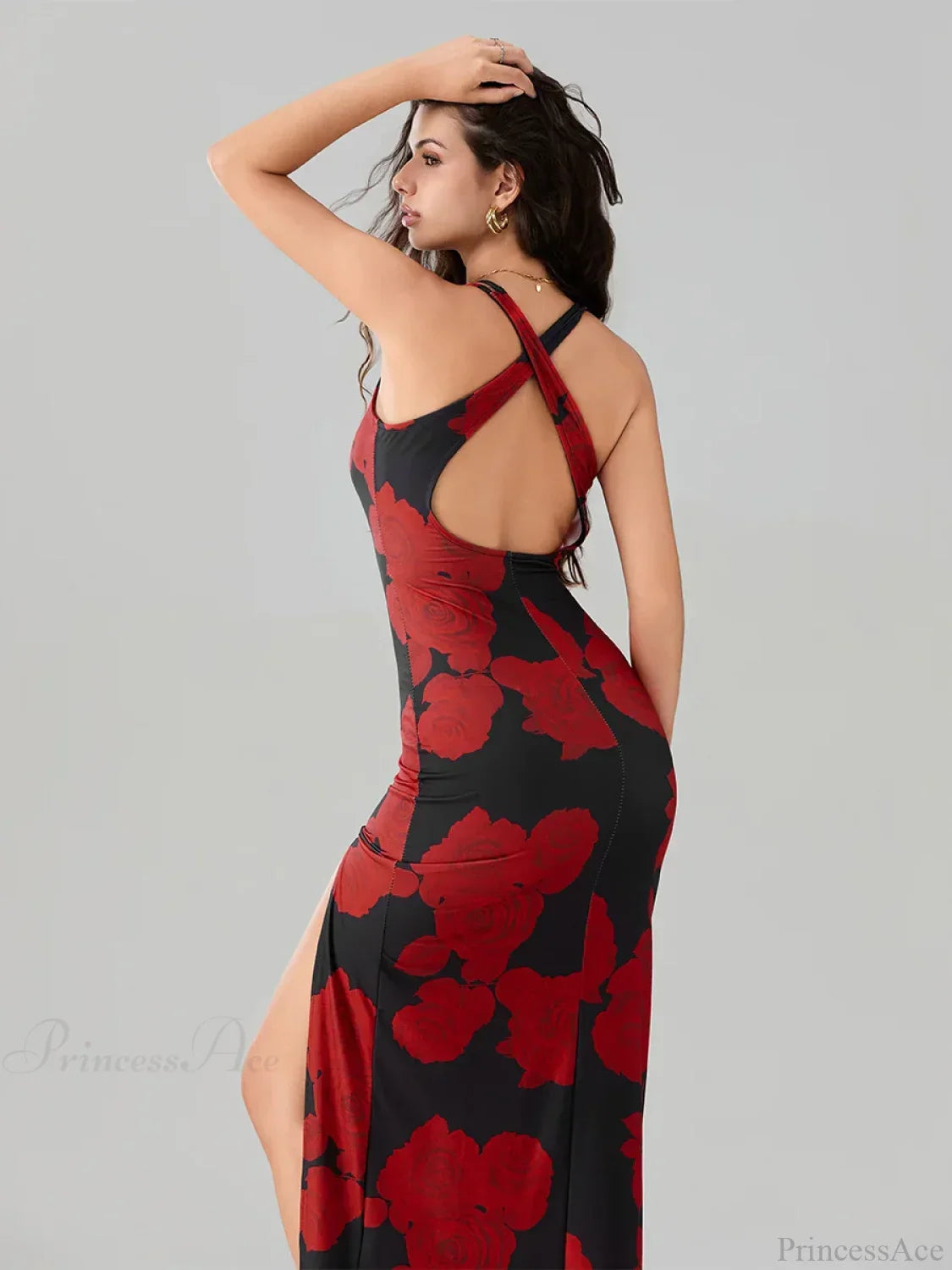Open Back High Split Floral Print Bodycon Cami Club Floral Dress image 3