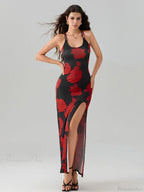 Open Back High Split Floral Print Bodycon Cami Club Floral Dress image 2
