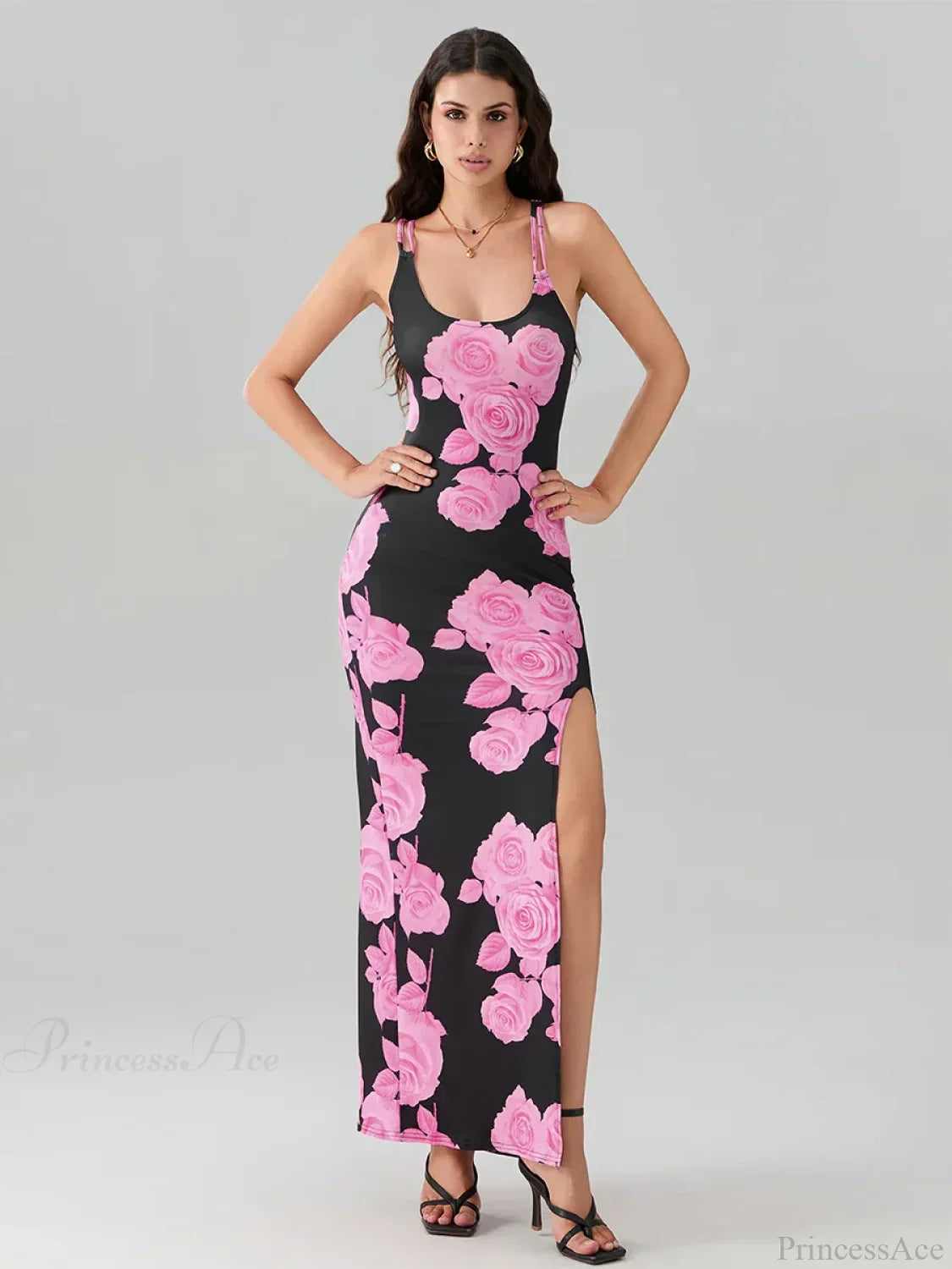 Open Back High Split Floral Print Bodycon Cami Club Floral Dress image 6