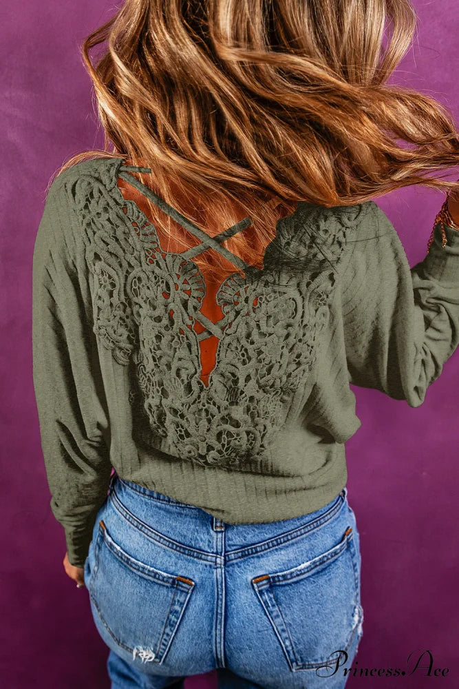 Open Lace-up Ribbed Back Green Crochet Top image 3