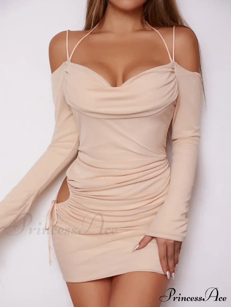 Open Strap Sling Tight Hollow Off Back Pleated Long Sleeve Cut Out Dress image 4