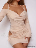 Open Strap Sling Tight Hollow Off Back Pleated Long Sleeve Cut Out Dress image 5