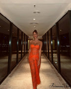 Orange Sheer Lace Charming Draped Tube Maxi Dress image 9