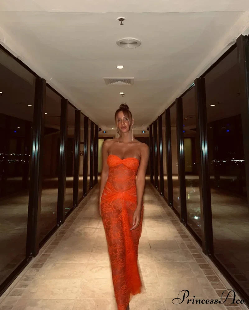Orange Sheer Lace Charming Draped Tube Maxi Dress image 9