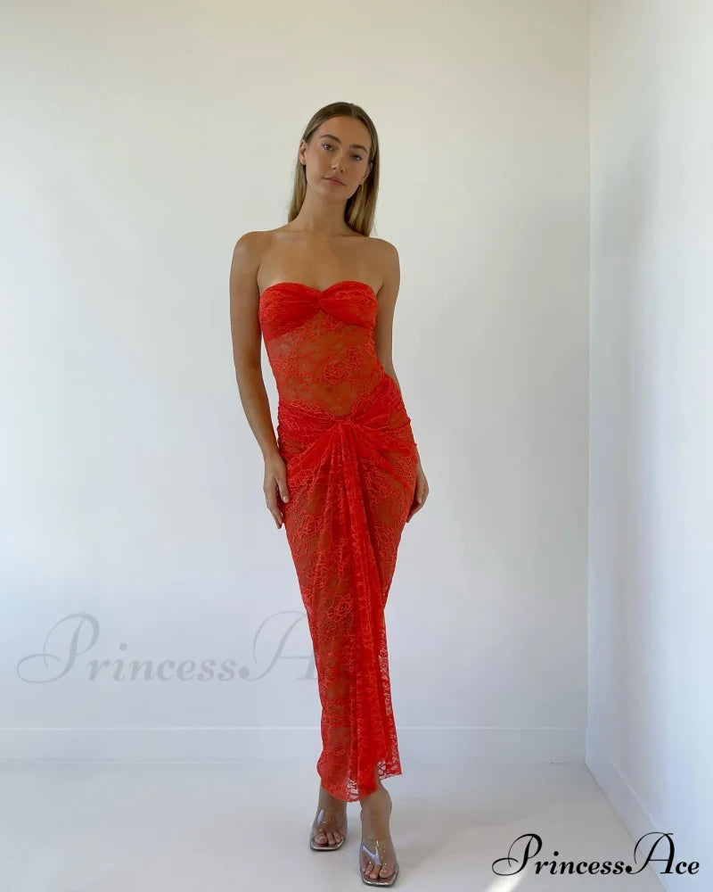 Orange Sheer Lace Charming Draped Tube Maxi Dress image 4