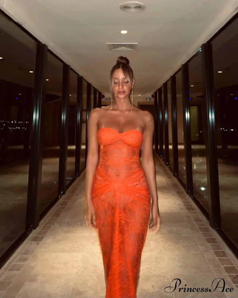 Orange Sheer Lace Charming Draped Tube Maxi Dress image 12