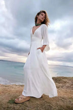 Oversized Backless Deep V Cotton Boho Dress image 3