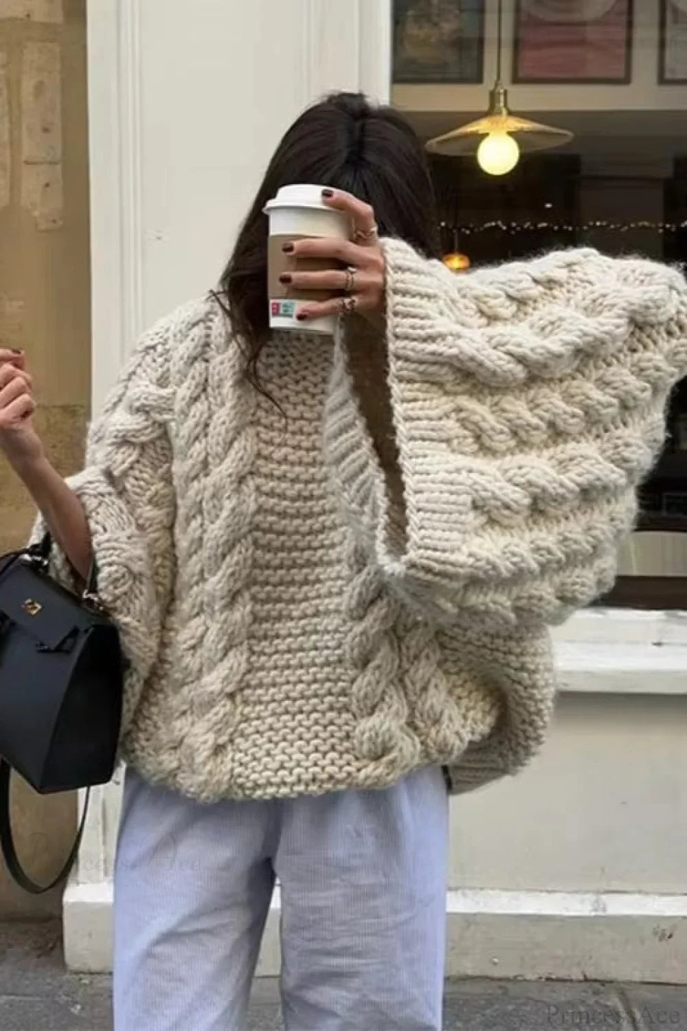 Oversized Cable Knit Crew Neck Sweater image 4