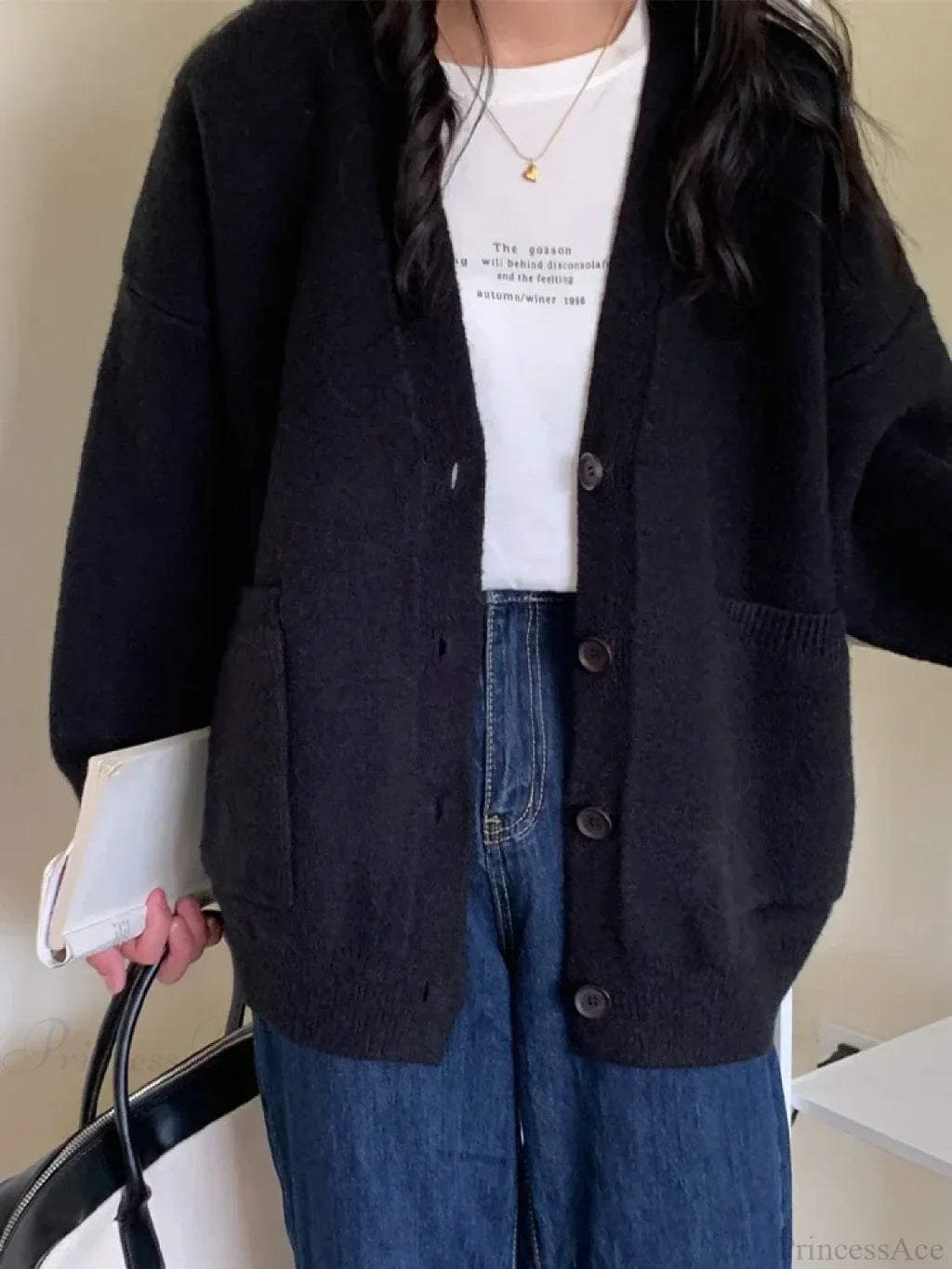 Oversized Preppy V-Neck Knitted Knit Cardigan image 3