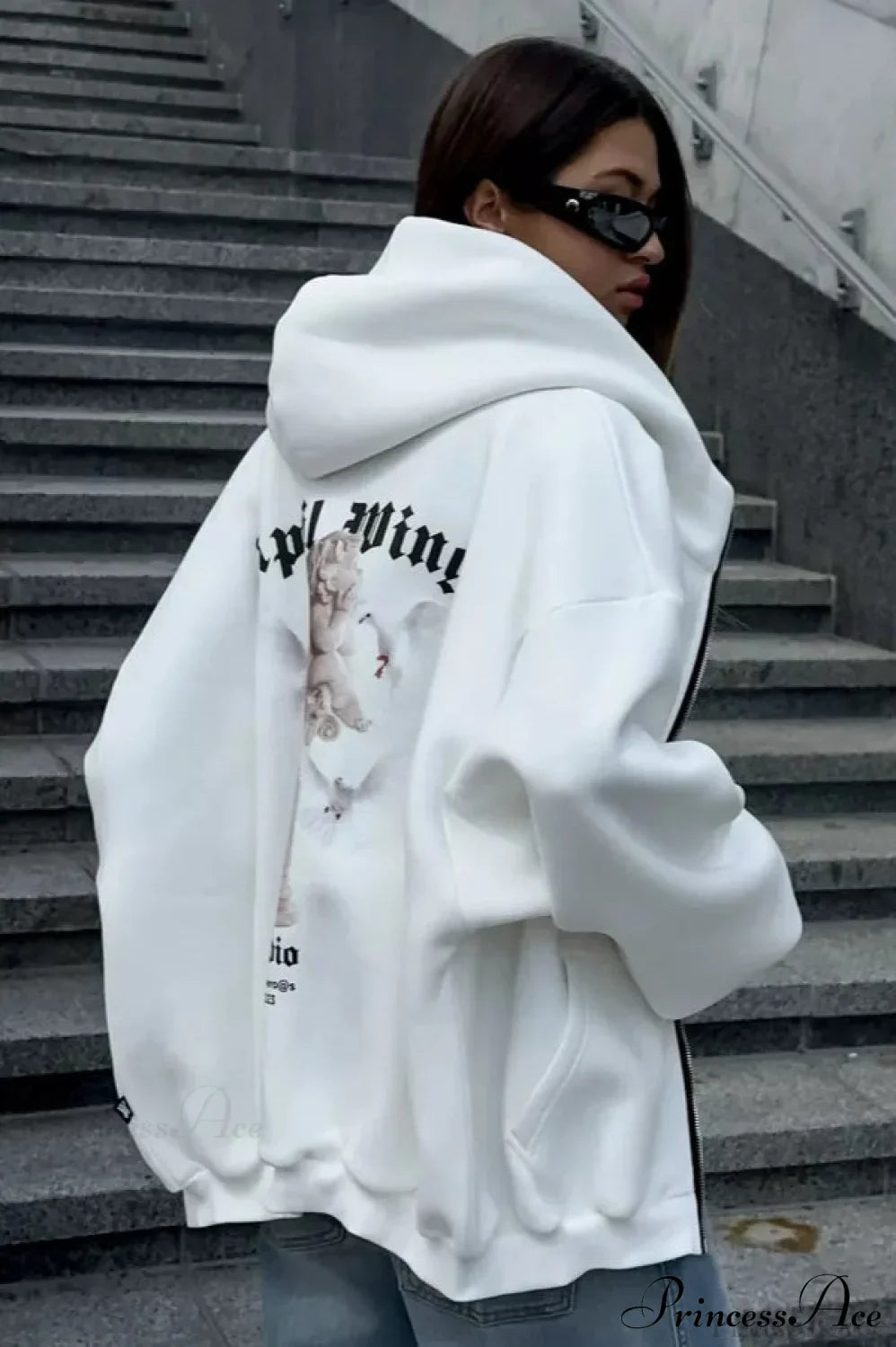 Oversized Street Casual Angel Print Zip-Up Hoodie image 10