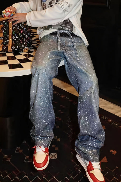 Chic Crystal Studded Washed Straight Jeans image 2