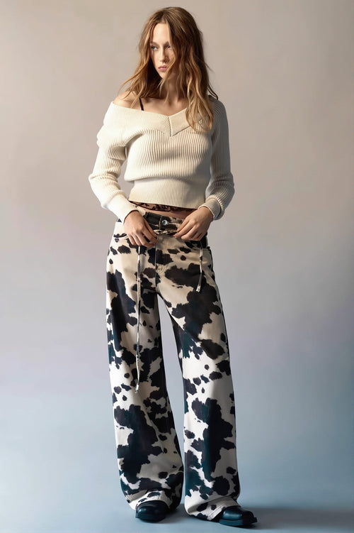 Chic Retro Cow Print Washed Straight Jeans image 2