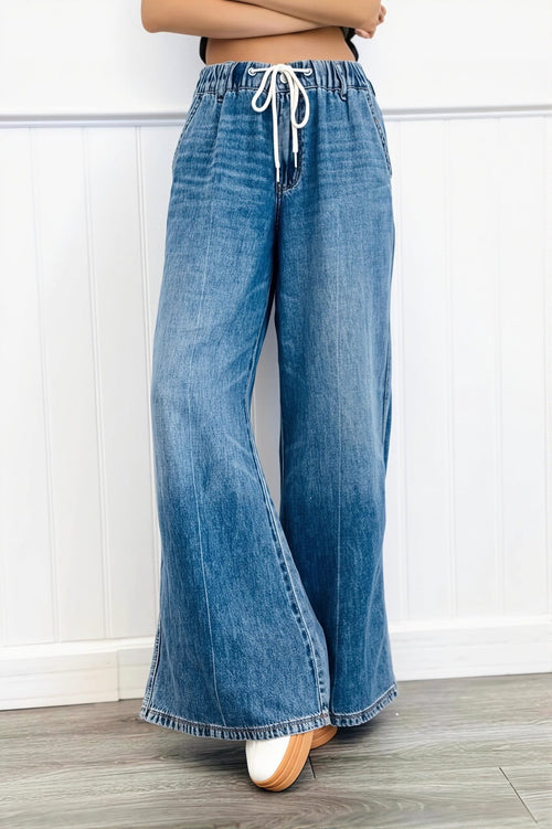 Chic Retro Washed Elastic Drawstring Straight Jeans image 1