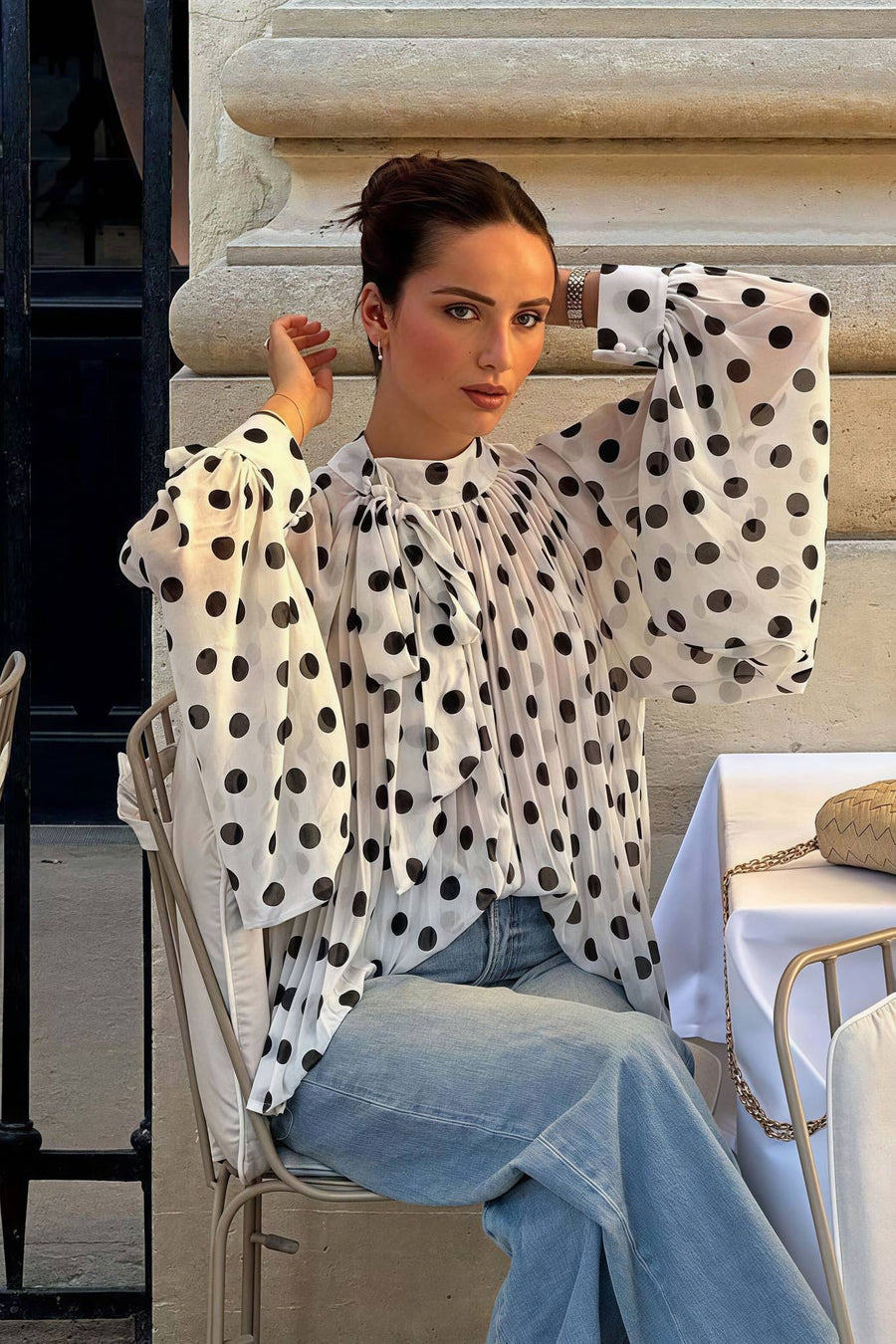 Polka Dot Tie Sheer Lantern Sleeve Blouse image 1