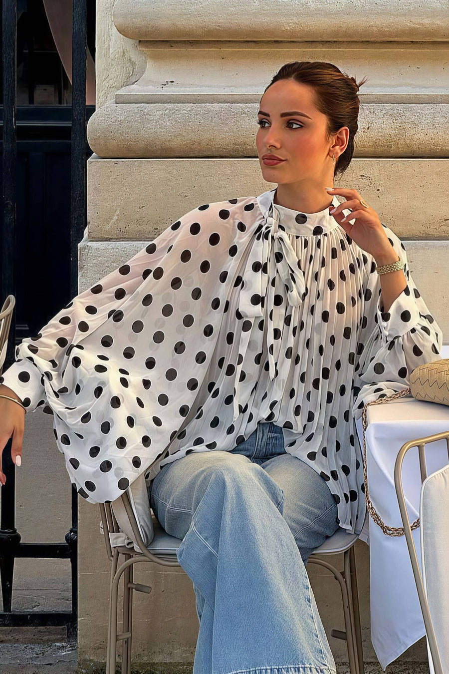 Polka Dot Tie Sheer Lantern Sleeve Blouse image 2