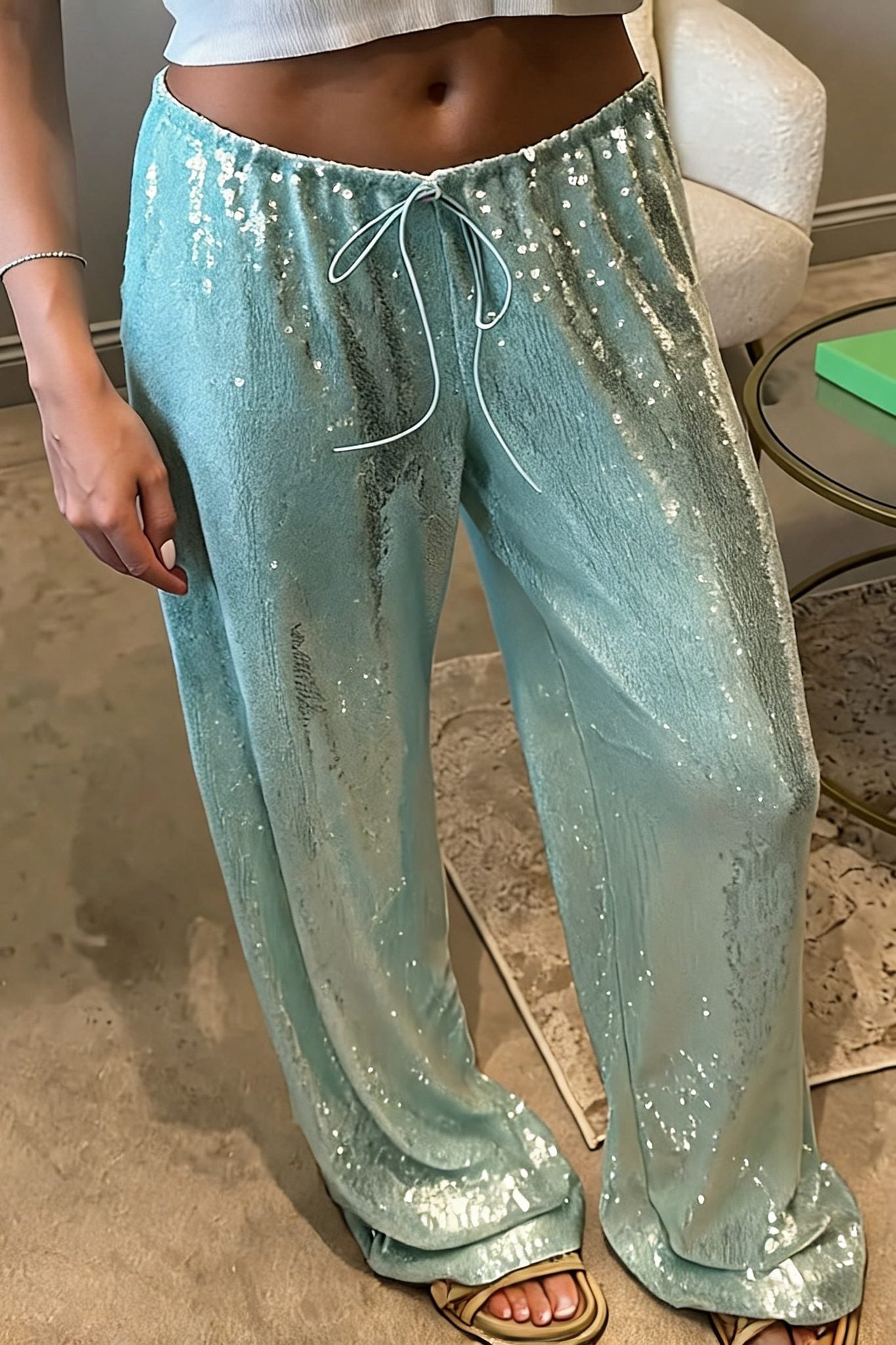 Sequined Wide Leg Casual Pants image 1