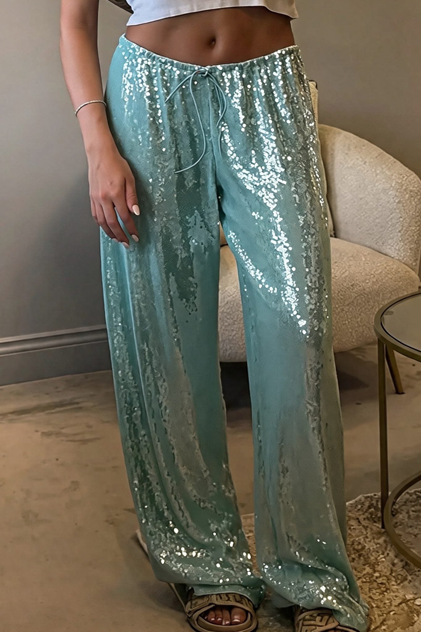 Sequined Wide Leg Casual Pants image 2