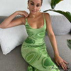 Paisley Vintage Spaghetti Fashion - Y2K Bodycon Strap Gown Coastal Party Green Vestido image 4