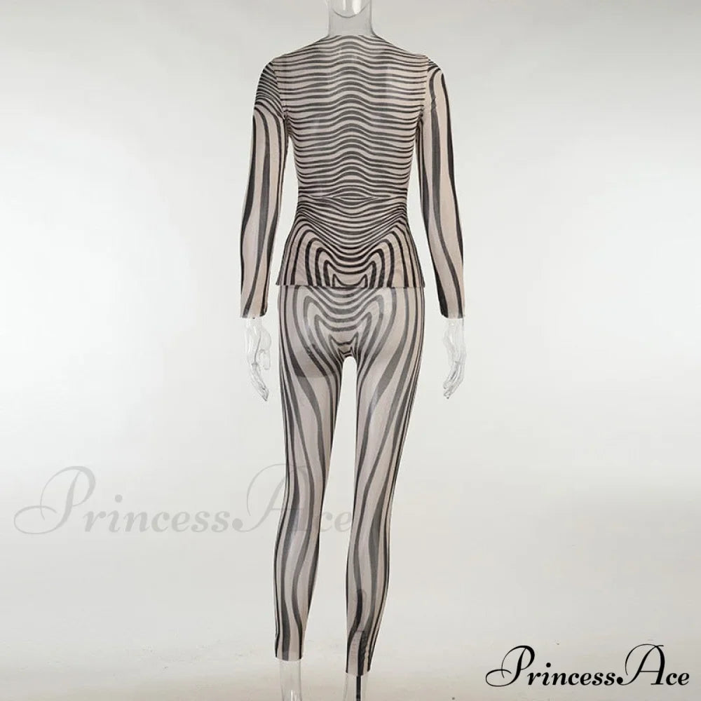 Pants Suit Sexy Costume Zebra Co-ord Striped Tracksuit for Mesh + Set 2 T-shirt Piece Long Autumn Women image 7