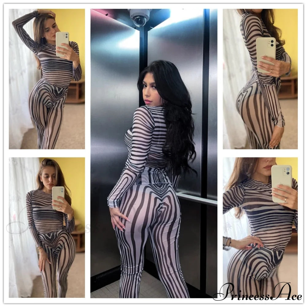 Pants Suit Sexy Costume Zebra Co-ord Striped Tracksuit for Mesh + Set 2 T-shirt Piece Long Autumn Women image 3