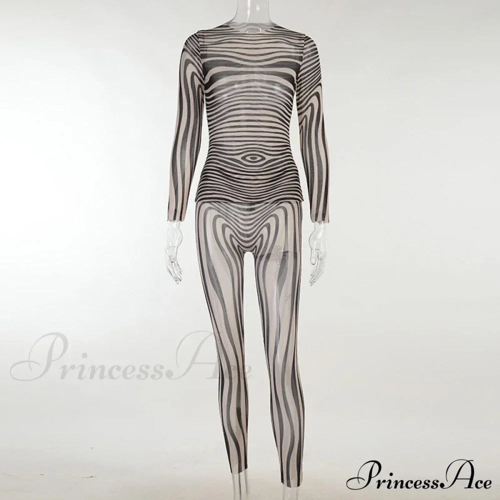 Pants Suit Sexy Costume Zebra Co-ord Striped Tracksuit for Mesh + Set 2 T-shirt Piece Long Autumn Women image 5
