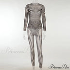 Pants Suit Sexy Costume Zebra Co-ord Striped Tracksuit for Mesh + Set 2 T-shirt Piece Long Autumn Women image 5
