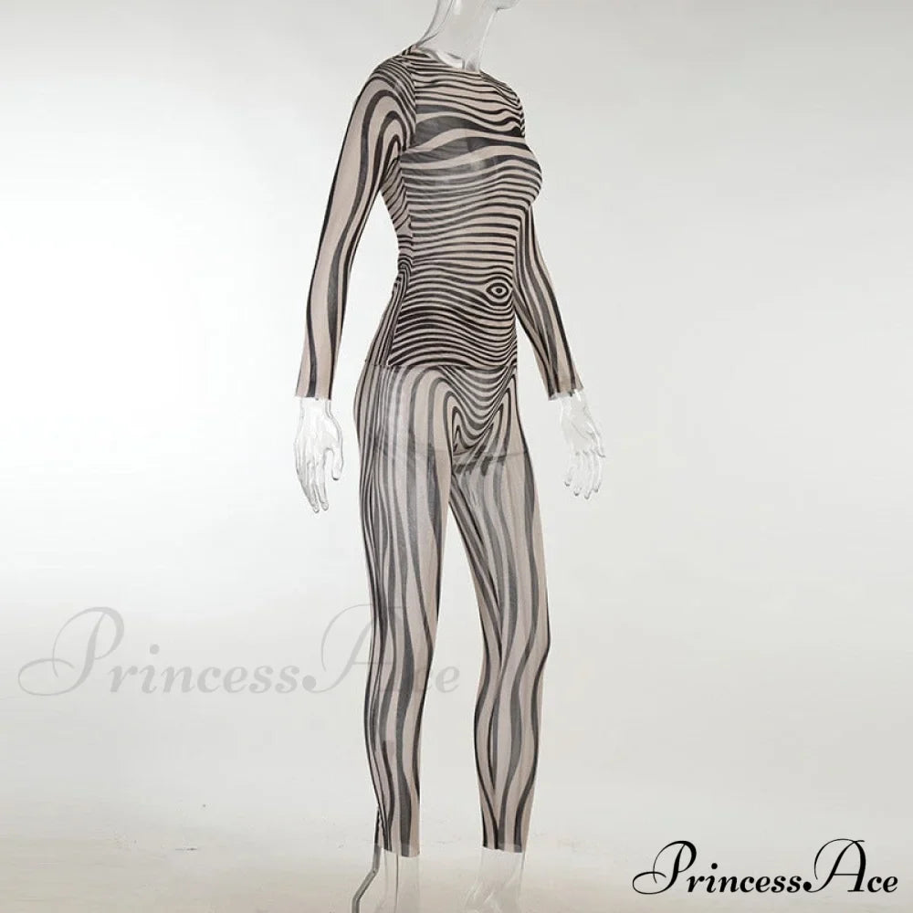 Pants Suit Sexy Costume Zebra Co-ord Striped Tracksuit for Mesh + Set 2 T-shirt Piece Long Autumn Women image 6