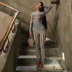 Pants Suit Sexy Costume Zebra Co-ord Striped Tracksuit for Mesh + Set 2 T-shirt Piece Long Autumn Women image 1