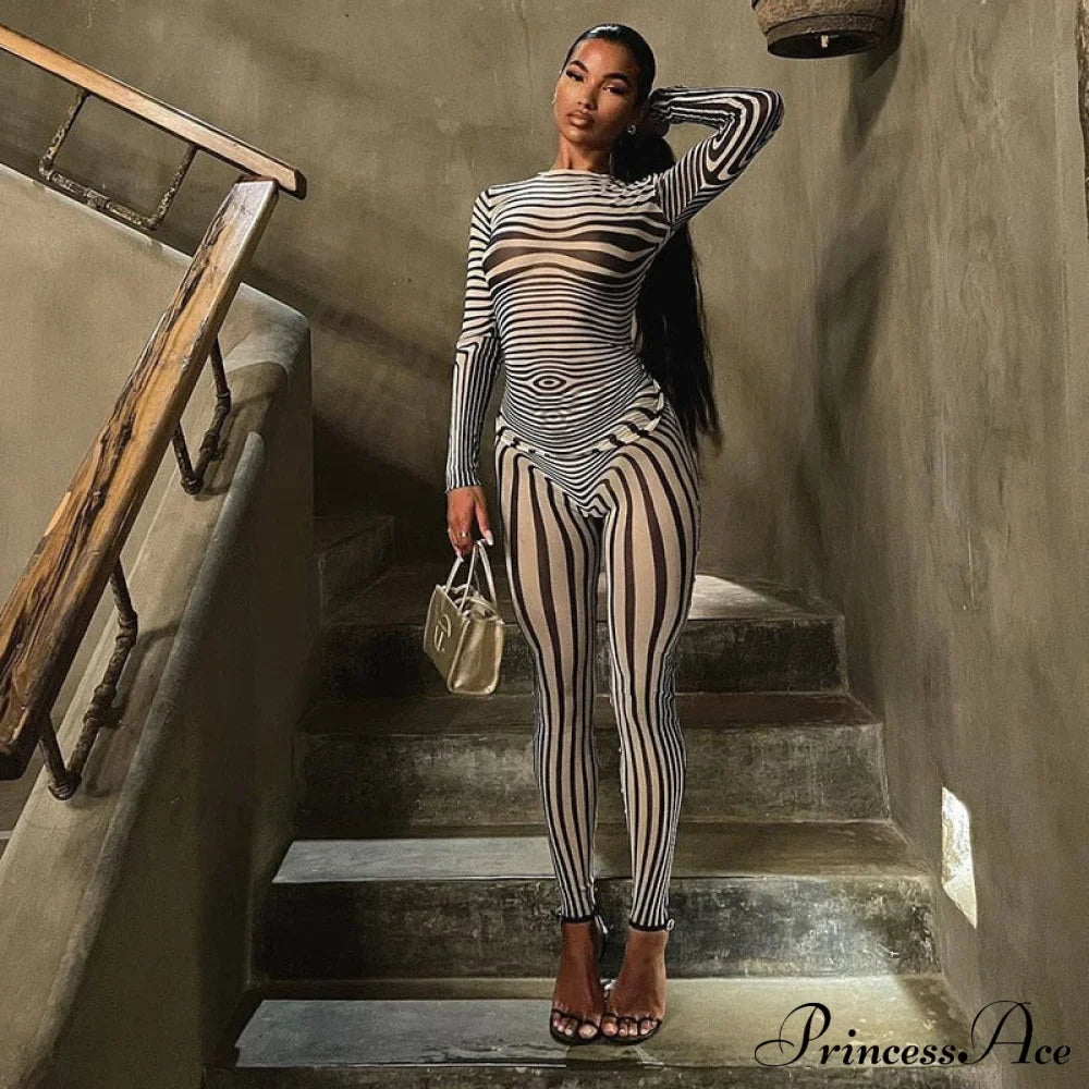 Pants Suit Sexy Costume Zebra Co-ord Striped Tracksuit for Mesh + Set 2 T-shirt Piece Long Autumn Women image 1