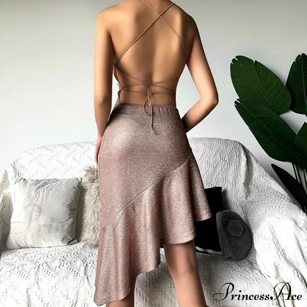 Party Backless Asymmetry Ruffles Hem Spaghetti Strap V-Neck Sleeveless Mini Lace up Bodycon Dress image 2
