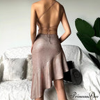Party Backless Asymmetry Ruffles Hem Spaghetti Strap V-Neck Sleeveless Mini Lace up Bodycon Dress image 2