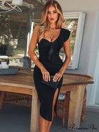 Party Elegant for Midi Ruffle Bandage Women Bodycon Gown High Evening Gown Club Black Warm-Season for Quality - - Wear image 1