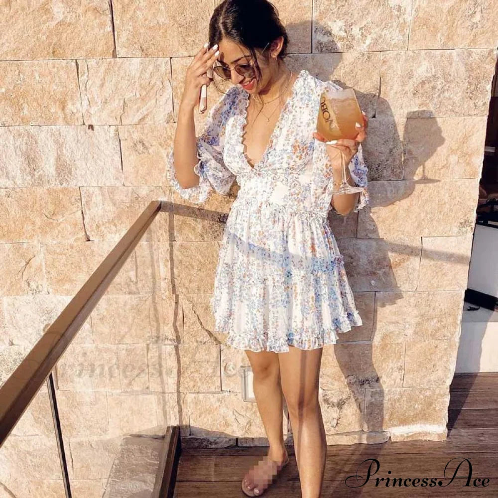 Party Gown Harlow Backless Design V-Neck Mini - Warm-Season Ruffle - Women's Flowered Dress image 8