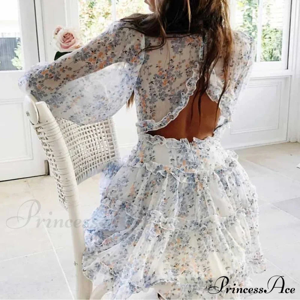 Party Gown Harlow Backless Design V-Neck Mini - Warm-Season Ruffle - Women's Flowered Dress image 1