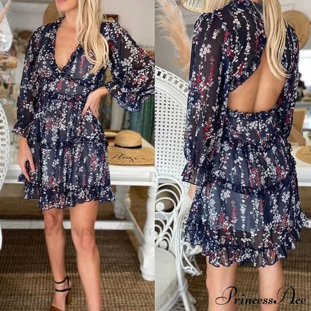 Party Gown Harlow Backless Design V-Neck Mini - Warm-Season Ruffle - Women's Flowered Dress image 13