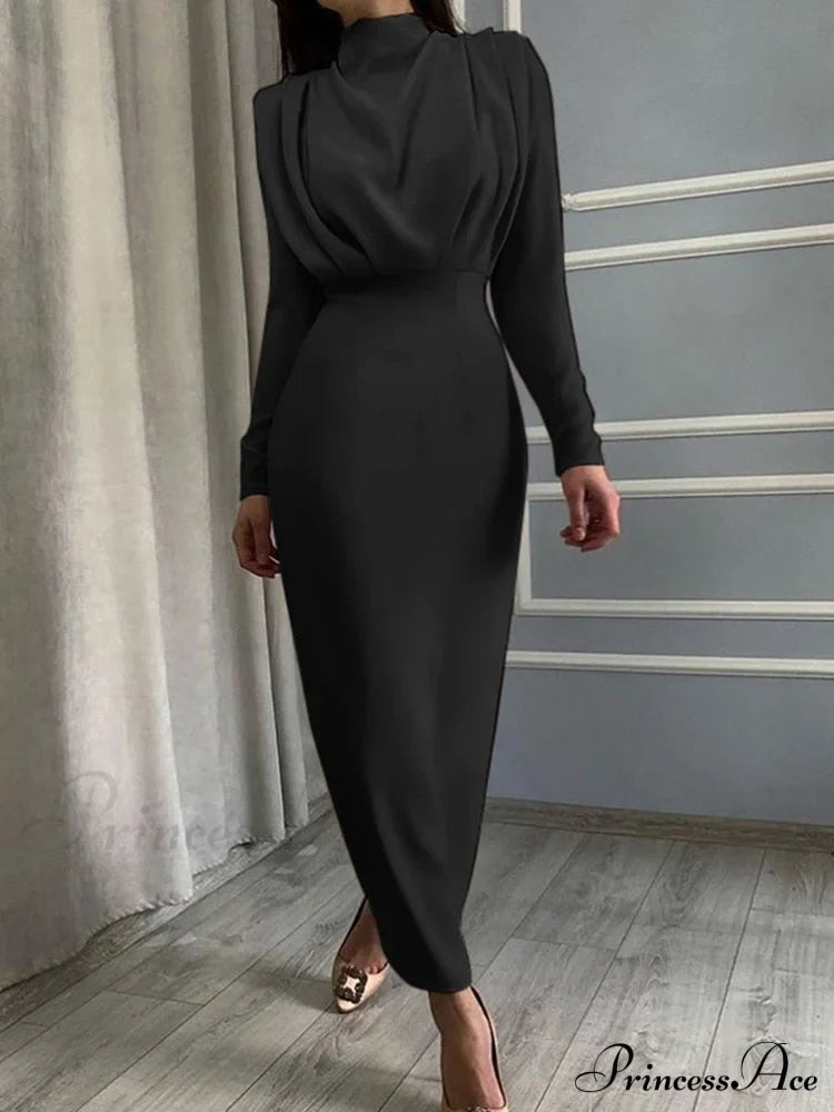 Solid Stand Neck Slim Autumn Maxi Dress image 2