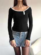 Patchwork Contrast Color Slim O-Neck Long Sleeve Knit Top image 2