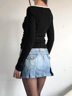 Patchwork Contrast Color Slim O-Neck Long Sleeve Knit Top image 1