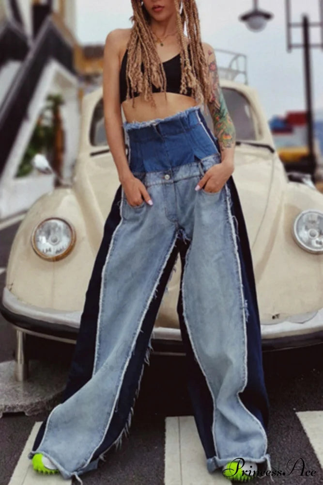 Patchwork Denim Waist High Jeans image 2
