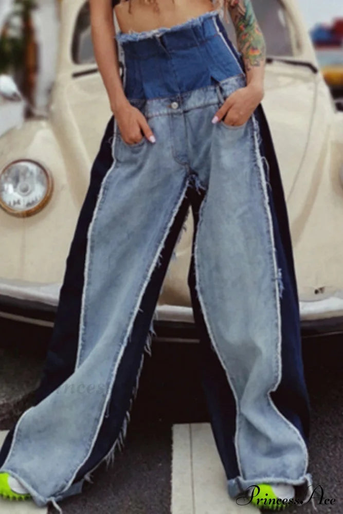Patchwork Denim Waist High Jeans image 1