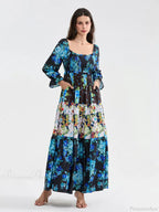 Patchwork Floral Bohemian Off-Shoulder Puff Sleeve Ruffled Vacation Beach Dress image 7