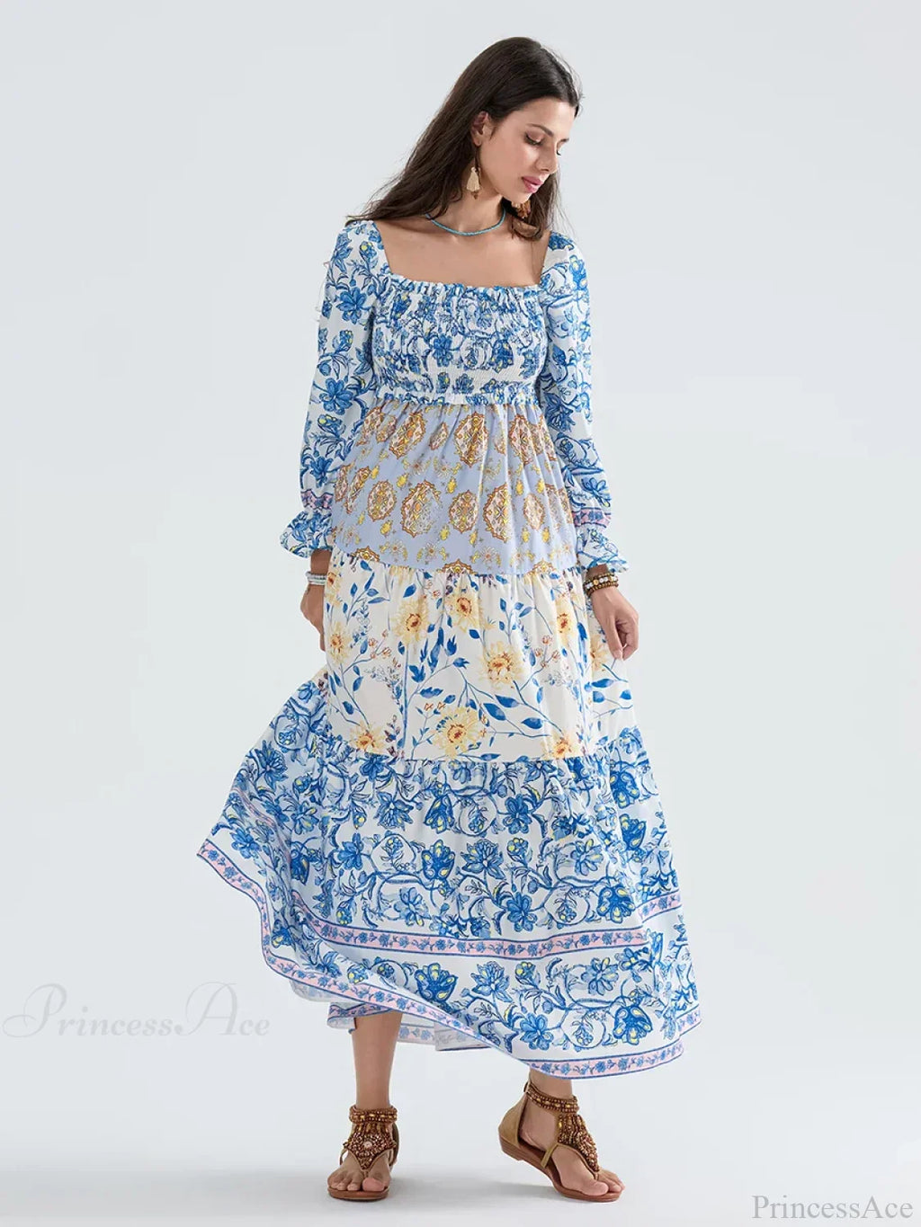 Patchwork Floral Bohemian Off-Shoulder Puff Sleeve Ruffled Vacation Beach Dress image 8