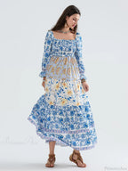 Patchwork Floral Bohemian Off-Shoulder Puff Sleeve Ruffled Vacation Beach Dress image 8